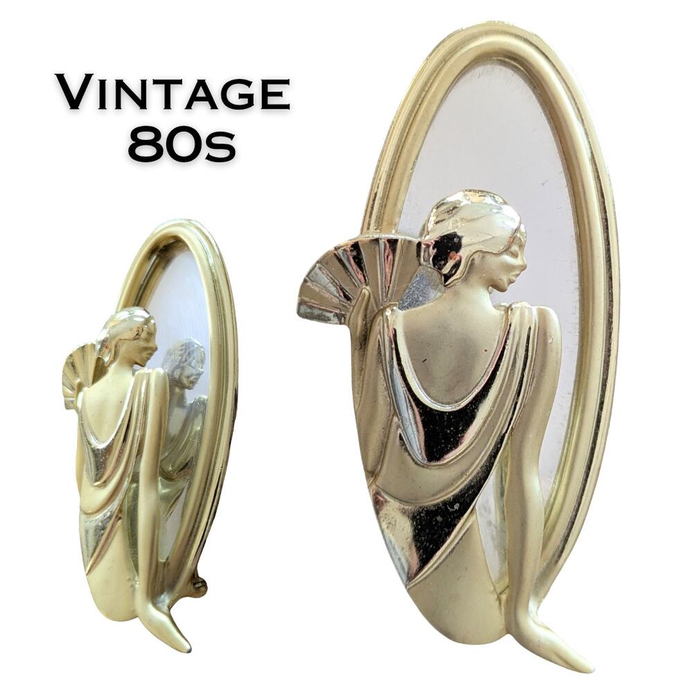 Art Deco Brooch Pin Flapper Lady Woman w Fan in Mirror Oval Gold Tone VTG 80s